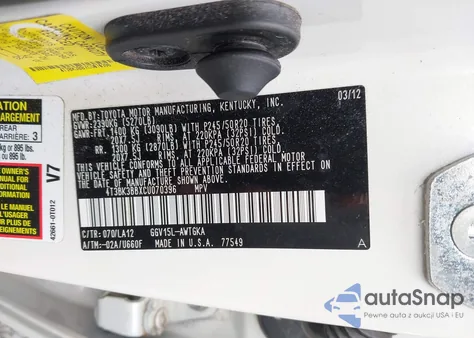 2012 Toyota Venza Xle V6 из США, поврежденный, VIN 4T3BK3BBXCU070396